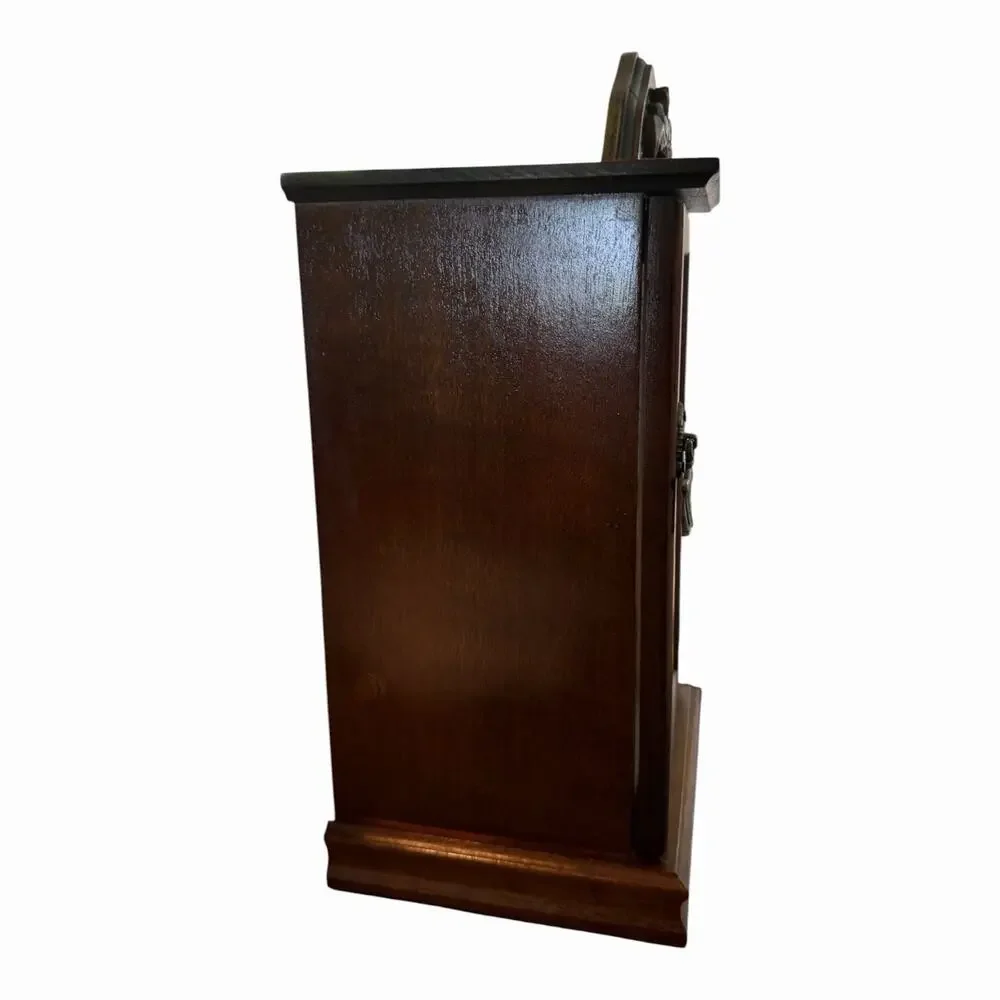 Vintage 1980’s Wooden Jewelry Cabinet Mirror Back Glass Etched Door Carousel